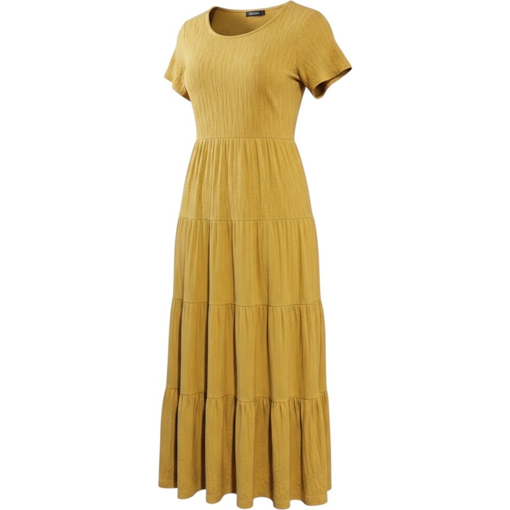 Chelsea & Theodore Mustard Yellow Tiered Maxi Dress Textured Knit Scoop Neck L